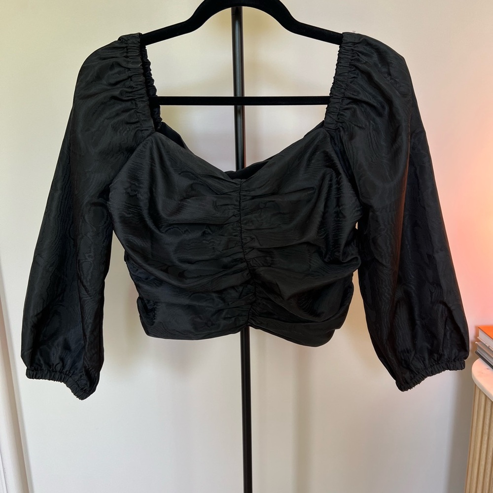 J. Crew Black Ruched Crop Top with Balloon Sleeves